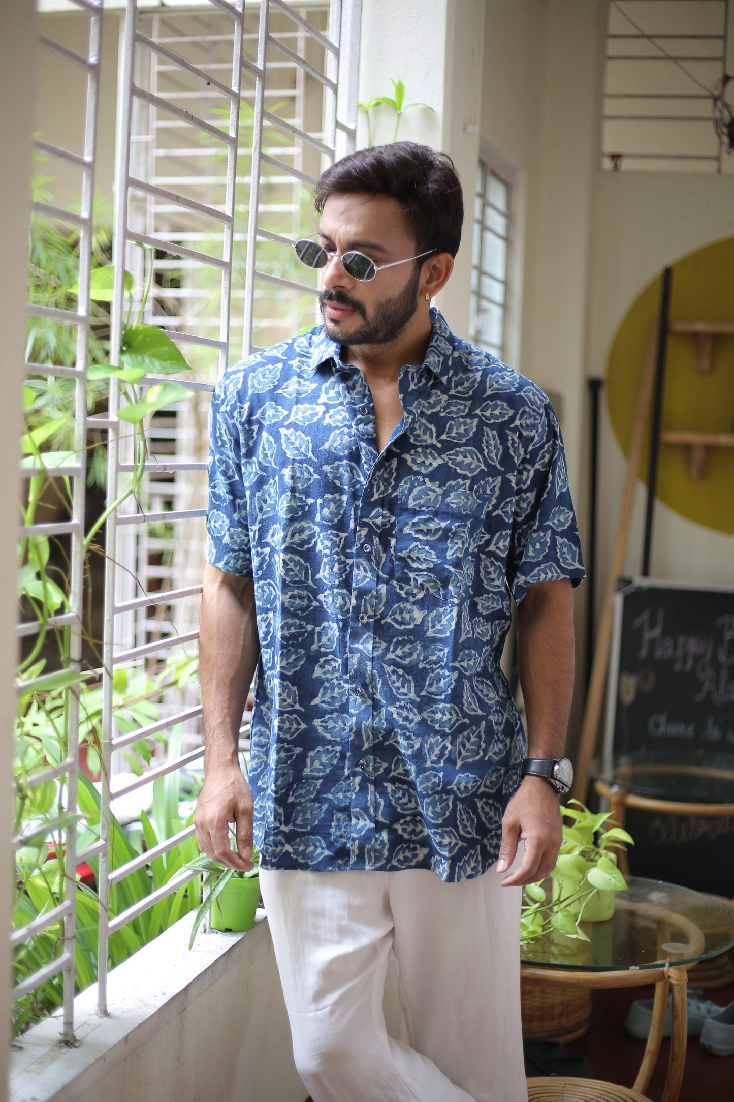 Indigo handprinted casual cotton half sleeve shirt