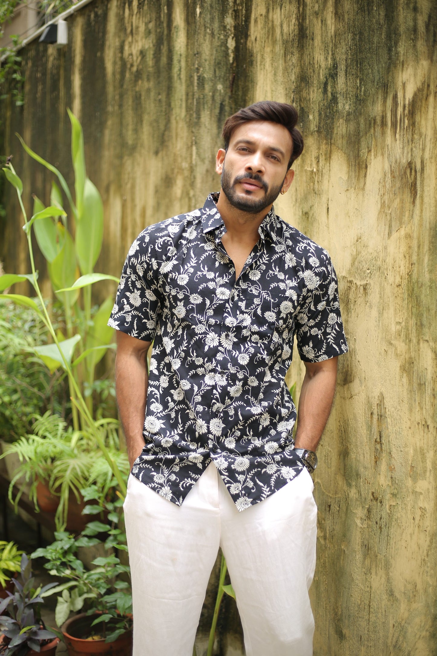 Black handprinted casual cotton half sleeve shirt