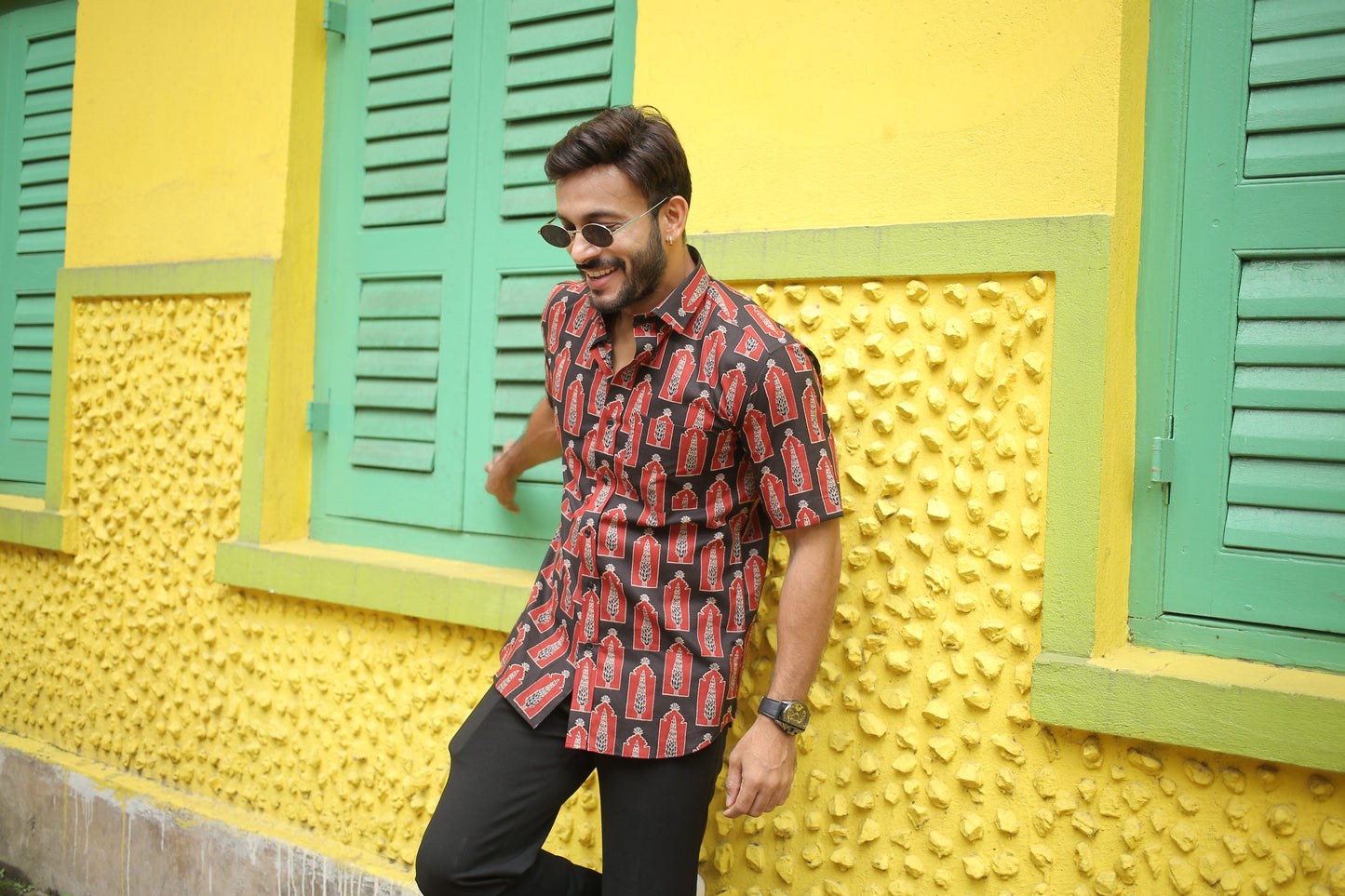 Black handprinted casual cotton half sleeve shirt