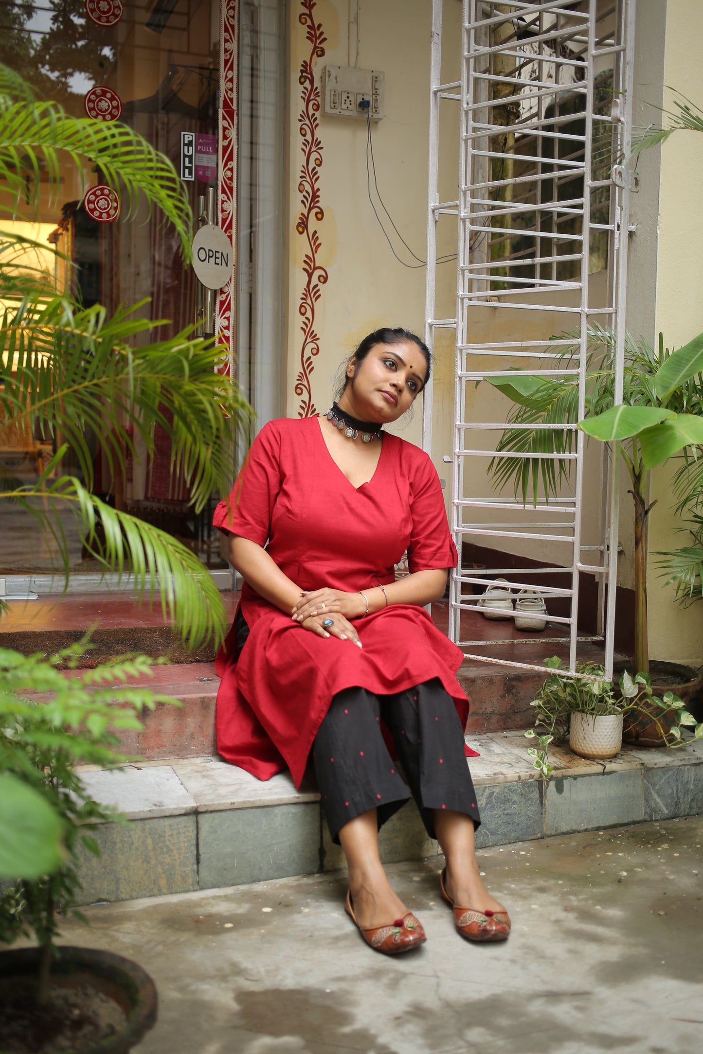 Red Khadi Cotton Kameez