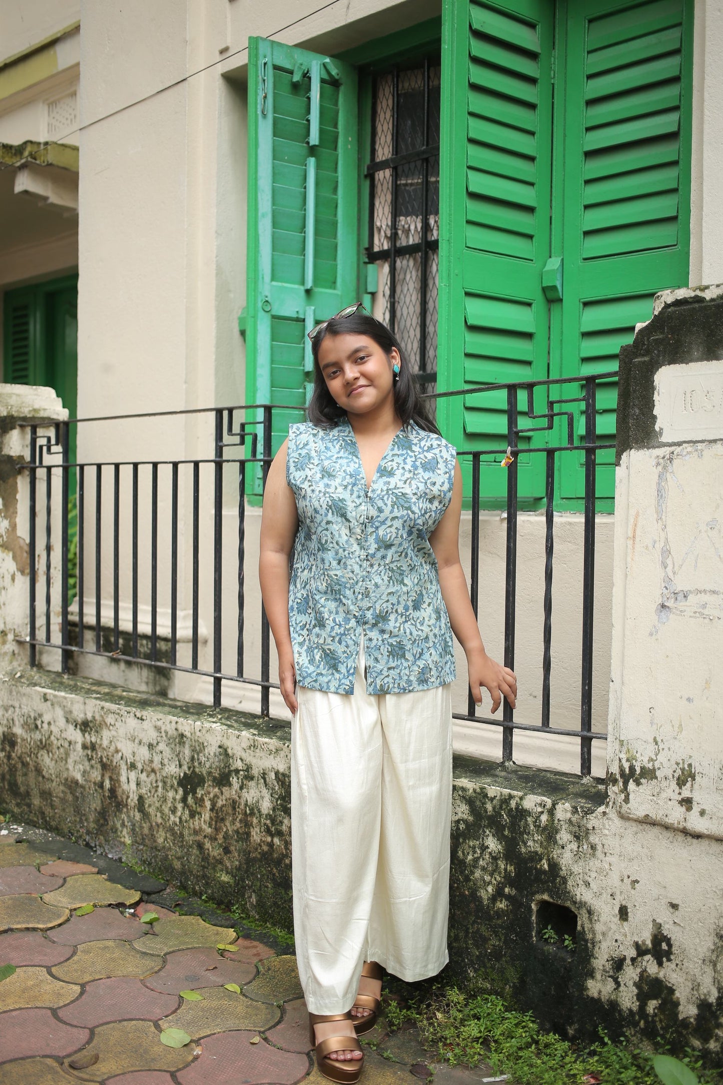 Bluish Green Pure Hand Block Printed Sleeveless Kurti