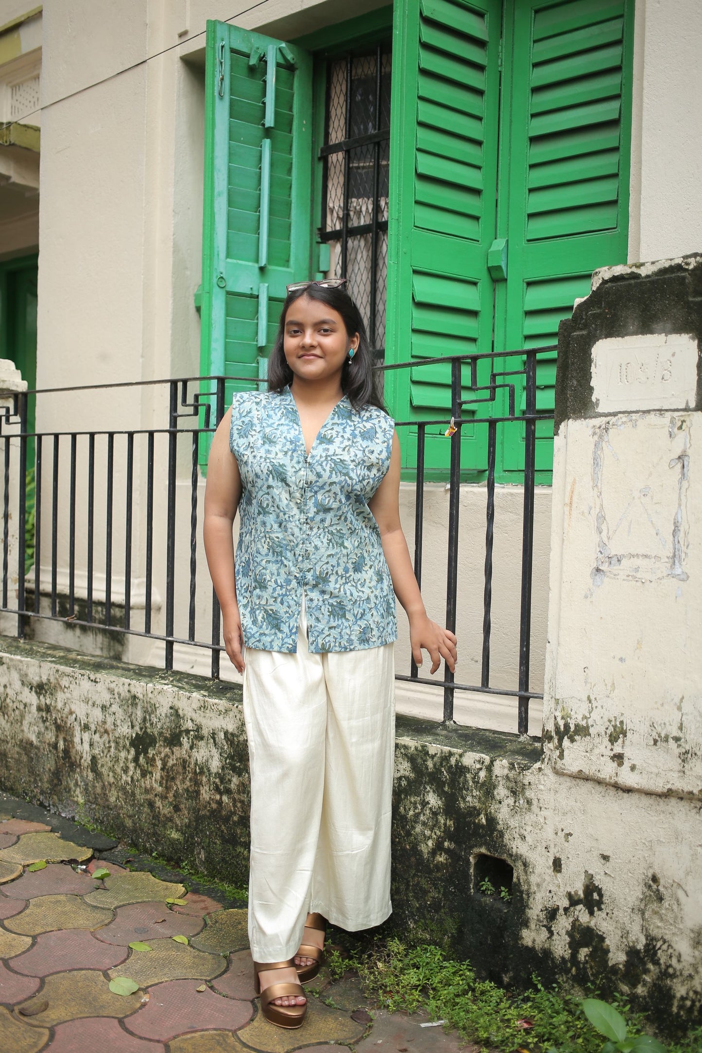 Bluish Green Pure Hand Block Printed Sleeveless Kurti