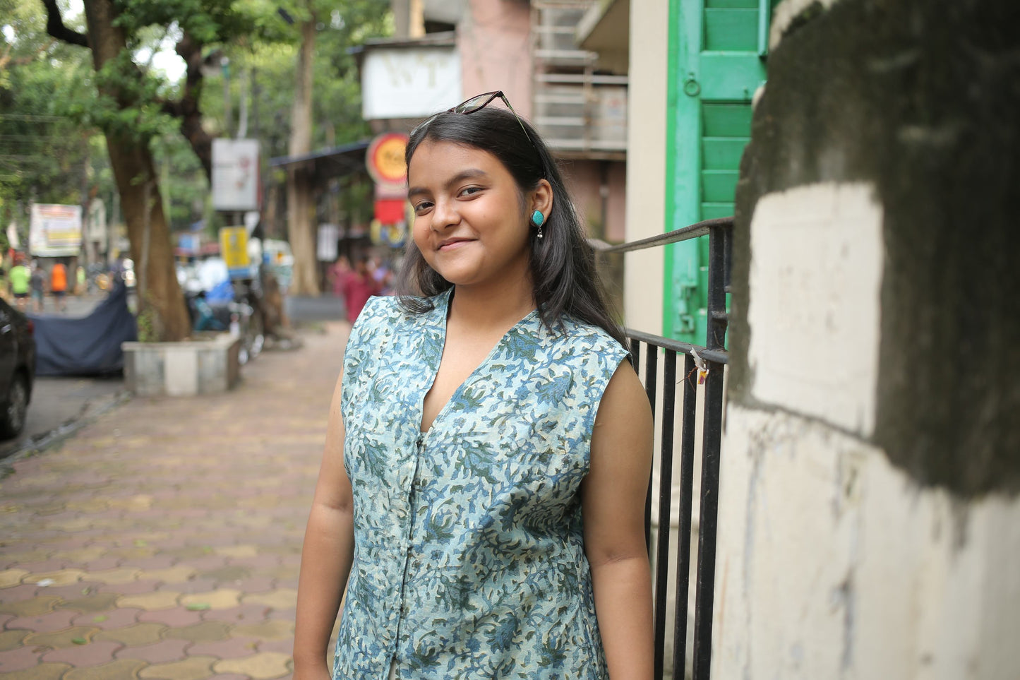 Bluish Green Pure Hand Block Printed Sleeveless Kurti