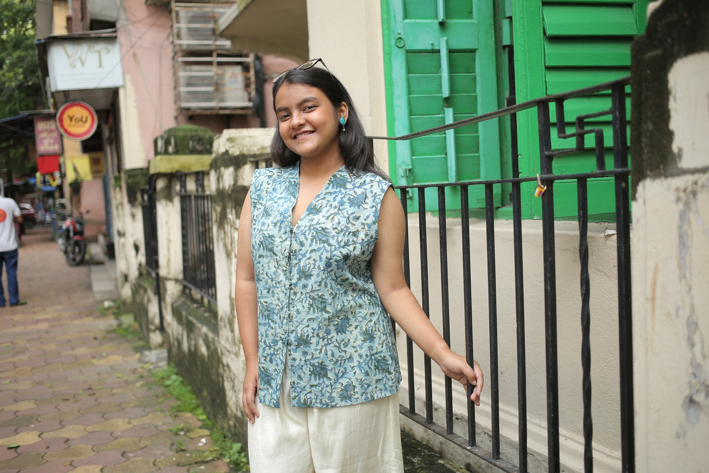 Bluish Green Pure Hand Block Printed Sleeveless Kurti