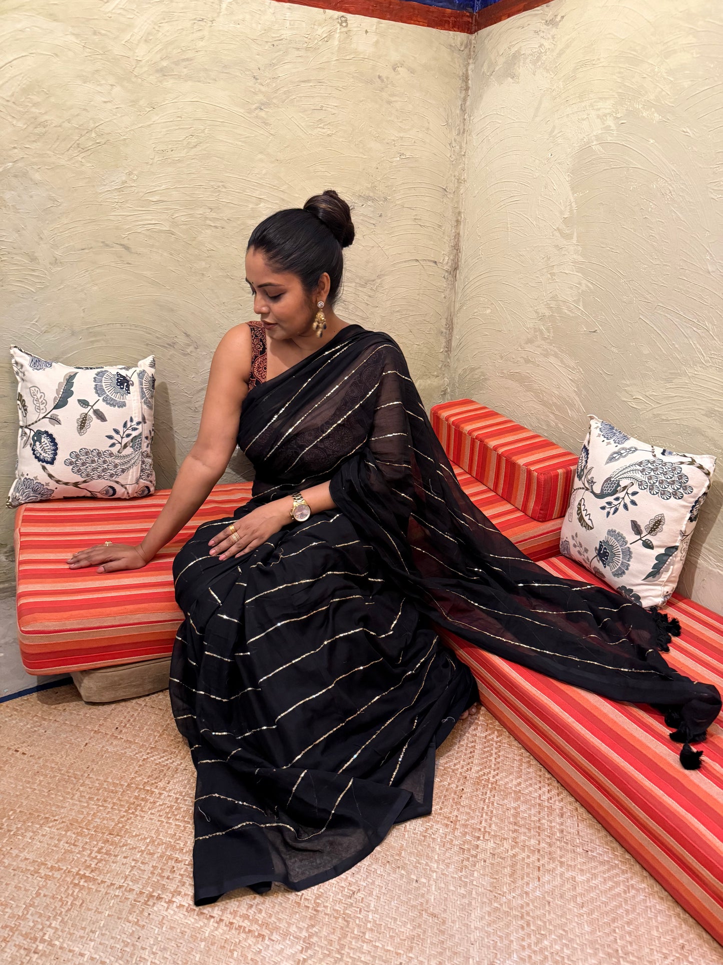 Black Handwoven Mulmul Cotton Saree