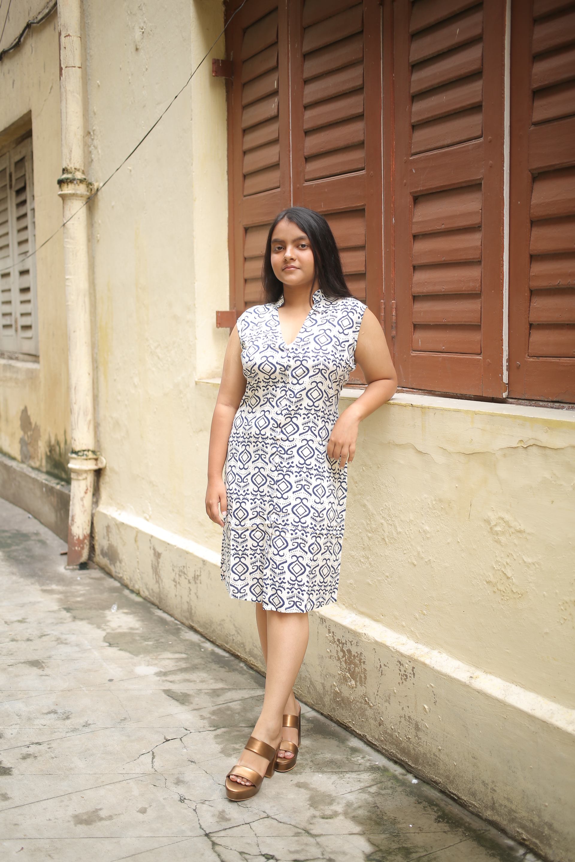 White and Indigo Printed Cot Silk One Piece