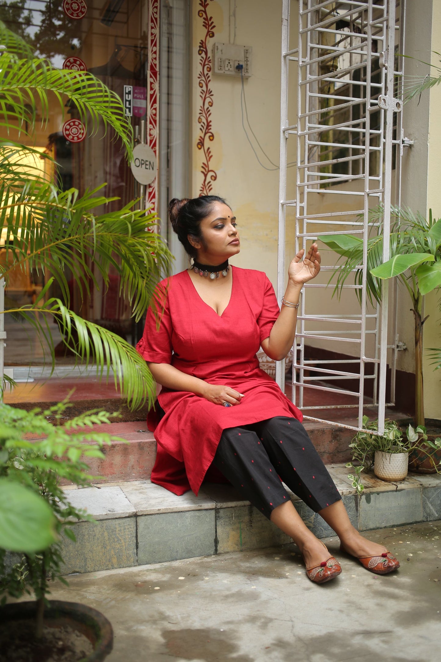 Red Khadi Cotton Kameez