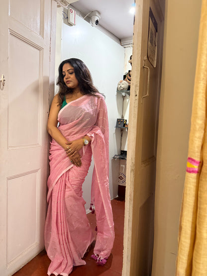 Light Pink Handwoven Mulmul Cotton Saree (Copy) (Copy)