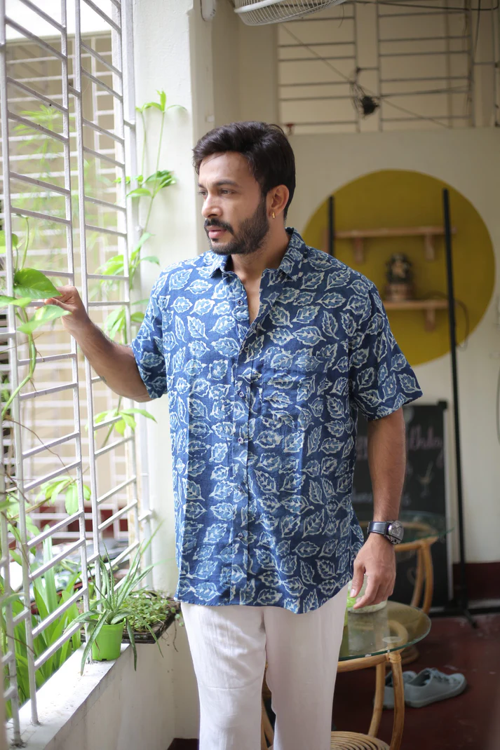 Indigo handprinted casual cotton half sleeve shirt