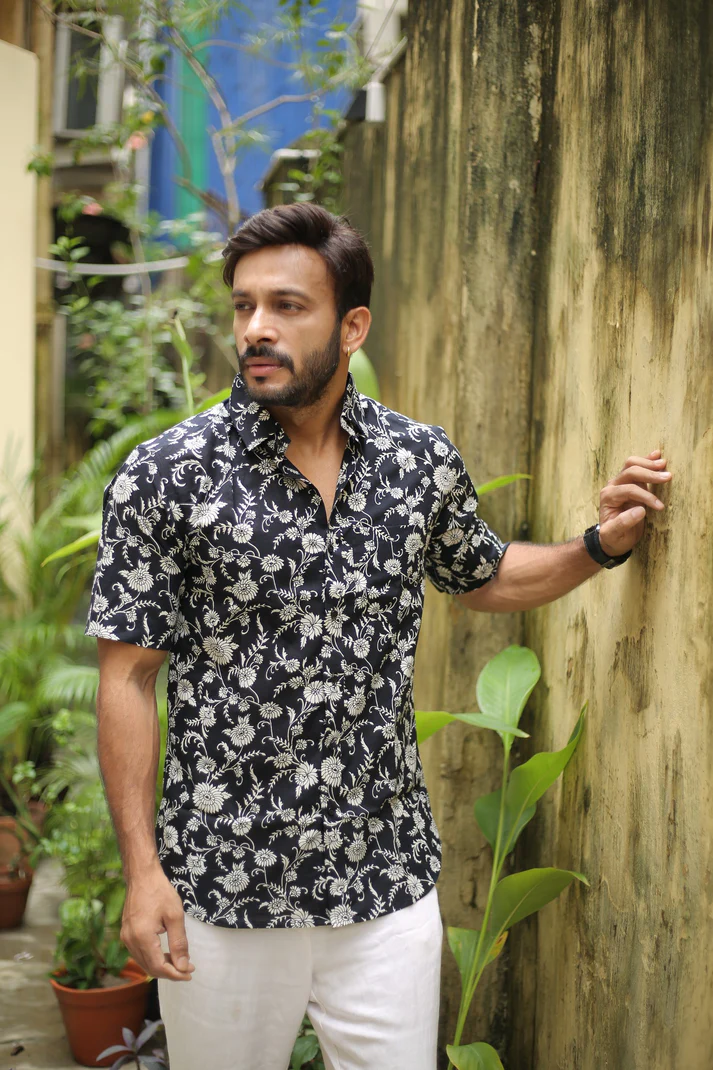 Black handprinted casual cotton half sleeve shirt