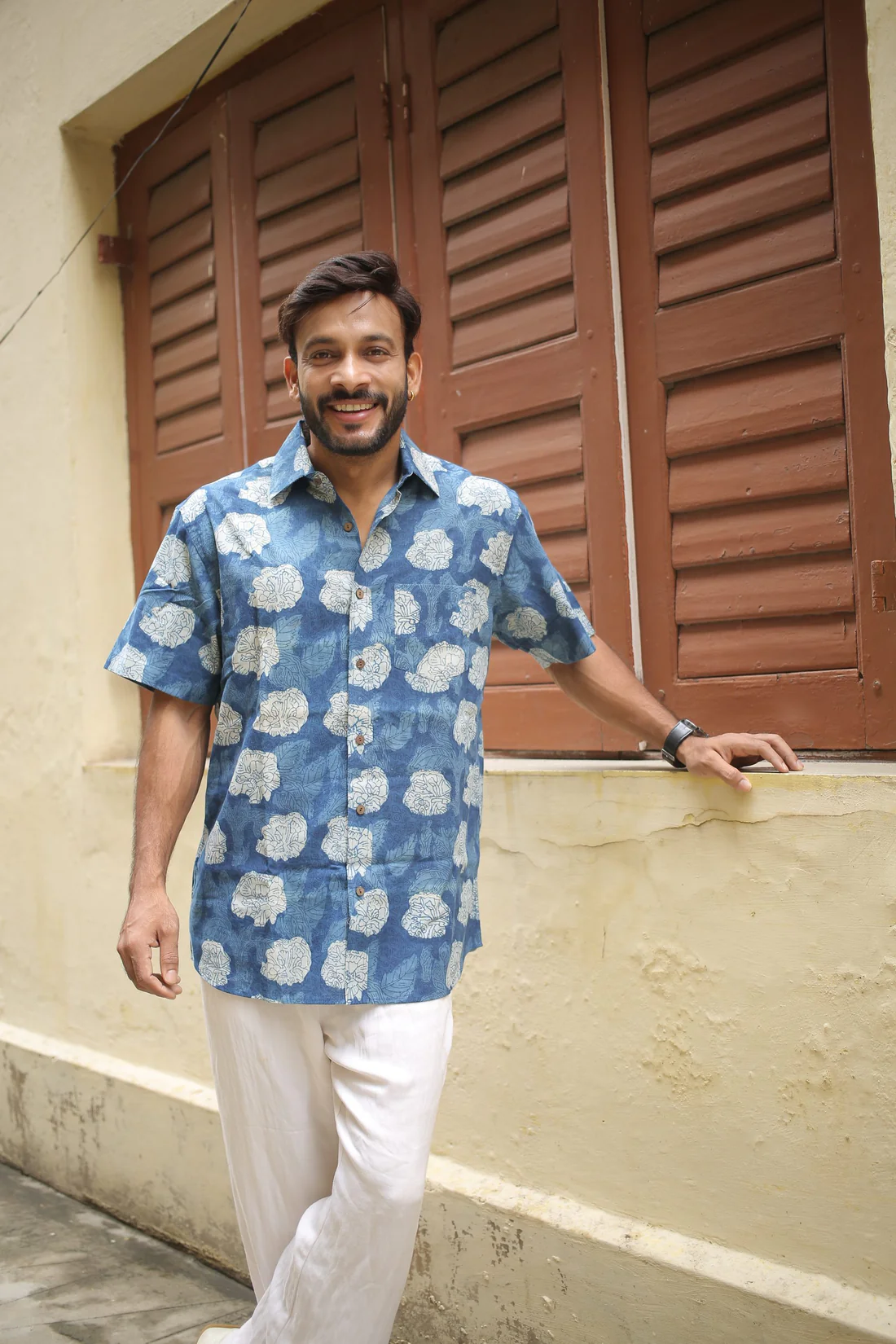Indigo handprinted casual cotton half sleeve shirt