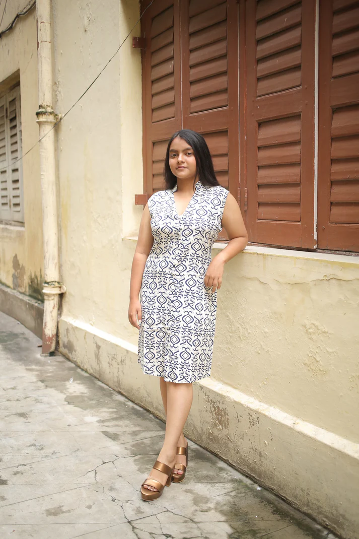 White and Indigo Printed Cot Silk One Piece