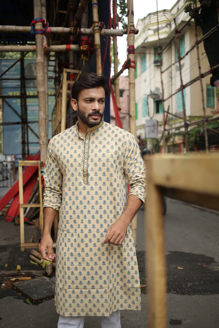 Beige Designer Cotton Kurta