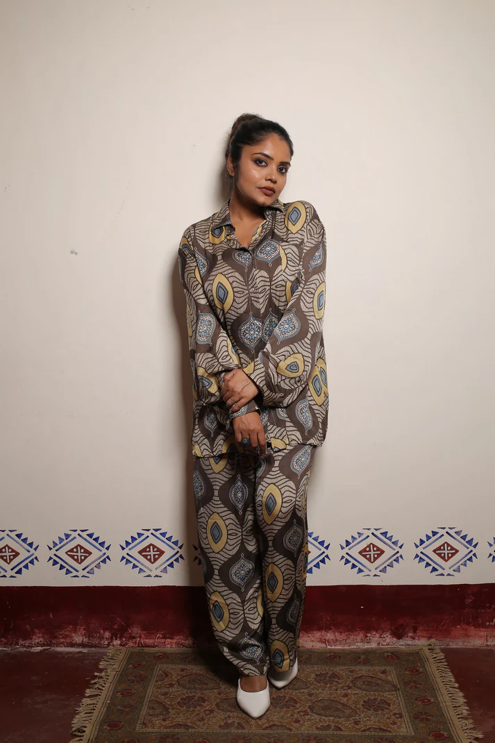 Brown Pure Modal Silk Azrakh Coord set